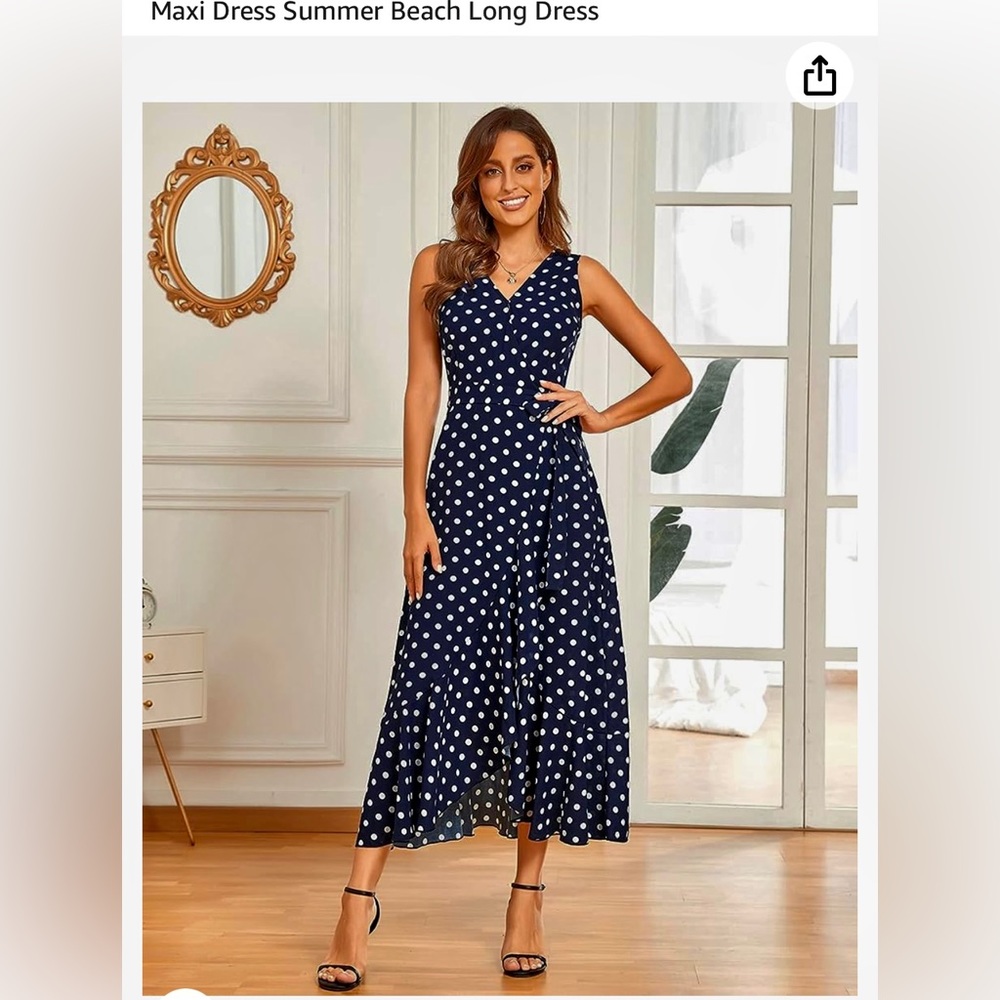 Navy mid-calf maxi dress with white polka-dots